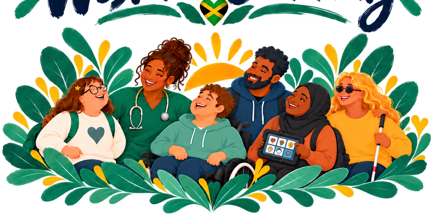 Approved illustration of adults with diverse abilities in a supportive community.